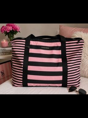 Victoria’s Secret Pink Black Stripe Weekender Travel Tote Duffle Bag Large